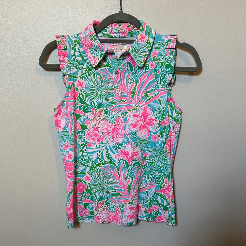 Lilly Pulitzer Luxletic Pink and Green Floral Collared top.  Women’s XXS.